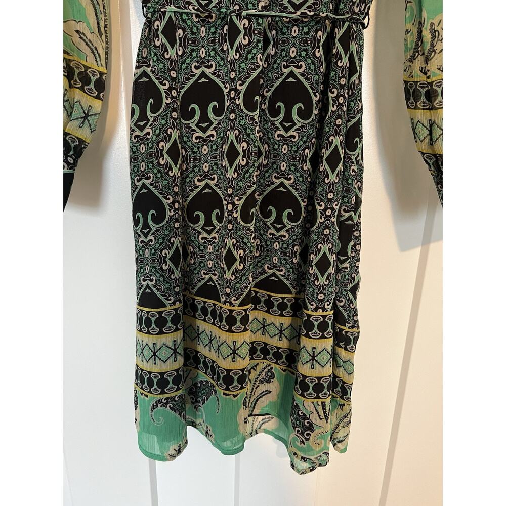 LOFT Dress Sheer Black Green Knee Length Size XS Petite. Tie Waist - Picture 5 of 11